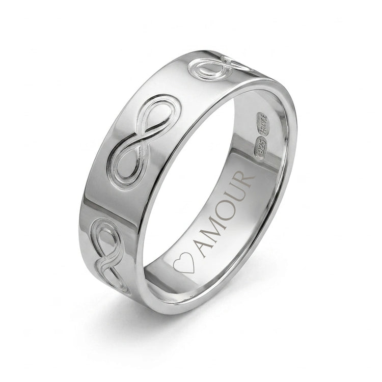 Bague de promesse aux symboles infini gravés dans la masse de l'Argent rhodié. Toutes tailles du 52 au 76.