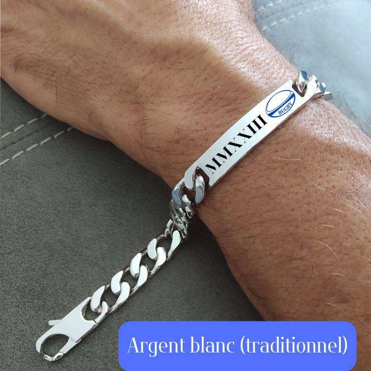 Gourmette Homme Argent Massif (40g) - Bollon de Rugby - Maille Gourmette 10mm - 17 à 25 cm