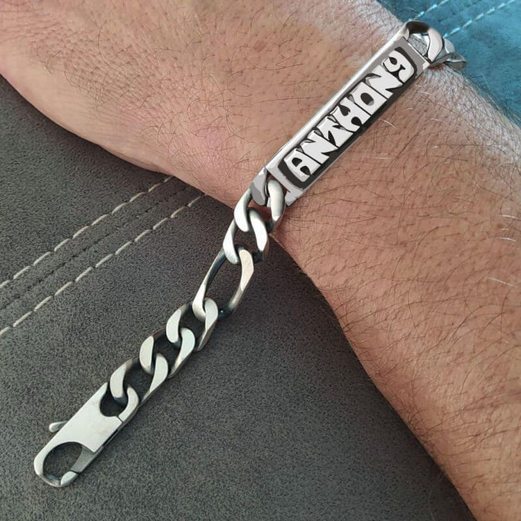 Bracelet homme luxe argent massif personnalisable en lettres soudées sur plaque