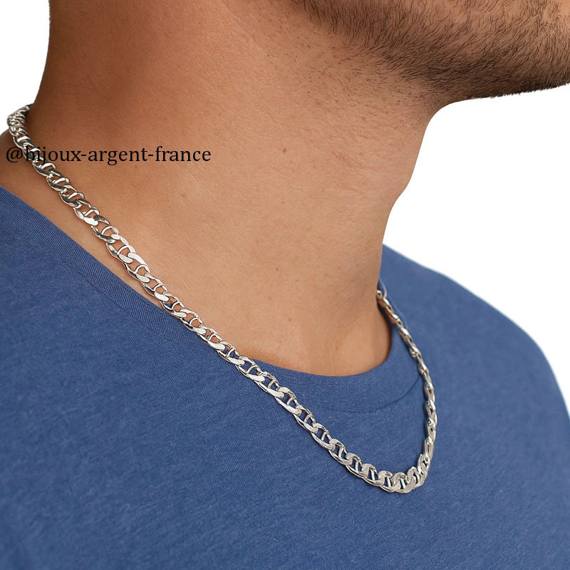 Collier Chaîne En Argent Massif 925 - Maille Art Déco Marine, 94g, Occasion