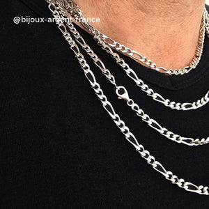 Collier homme argent massif rhodié, Figaro 4 mm, disponible jusque 60 cm de long. Fabrication Française.