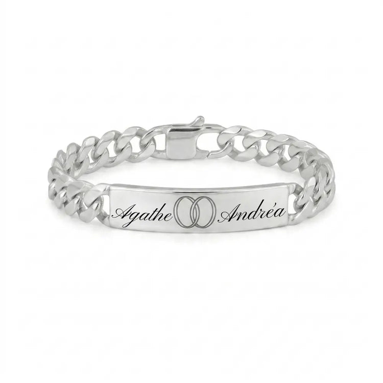 Gourmette cubaine 10 mm en argent massif 925 avec gravure personnalisée de doubles alliances, bracelet homme idéal cadeau mariage.