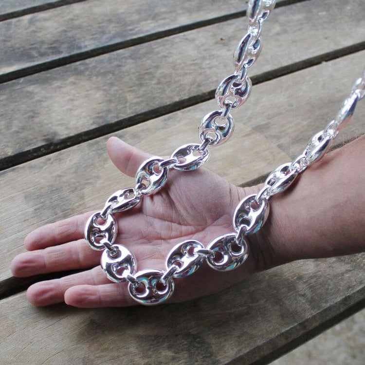 Chaine aux grains de café hors norme de 27 x 35mm chacune, collier XXL homme en argent / option rhodié