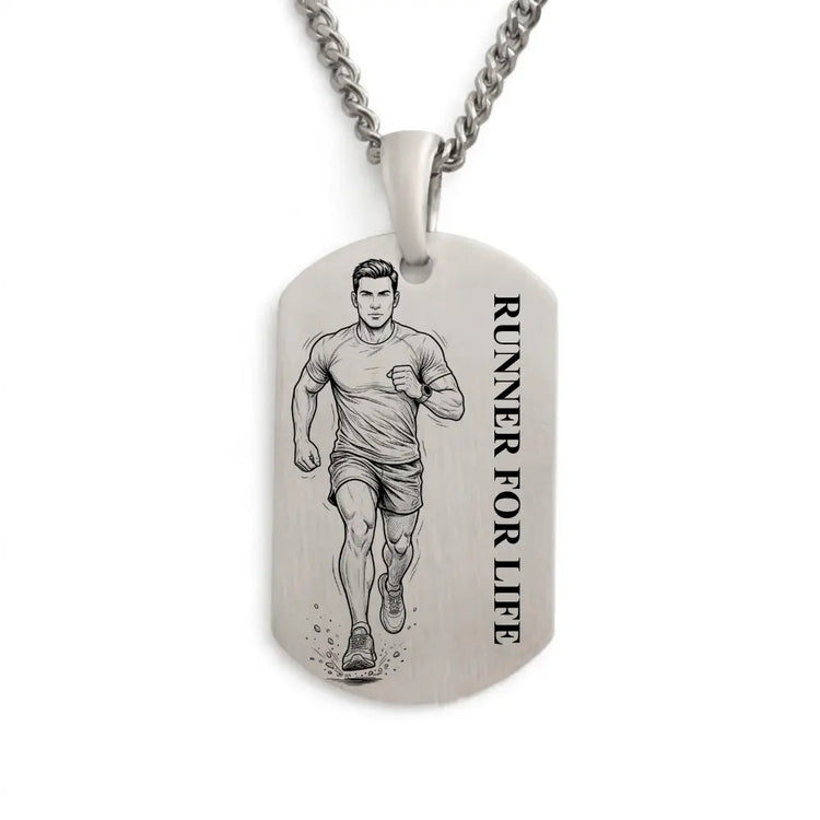 Collier running homme, plaque gravée course à pied en atelier français.