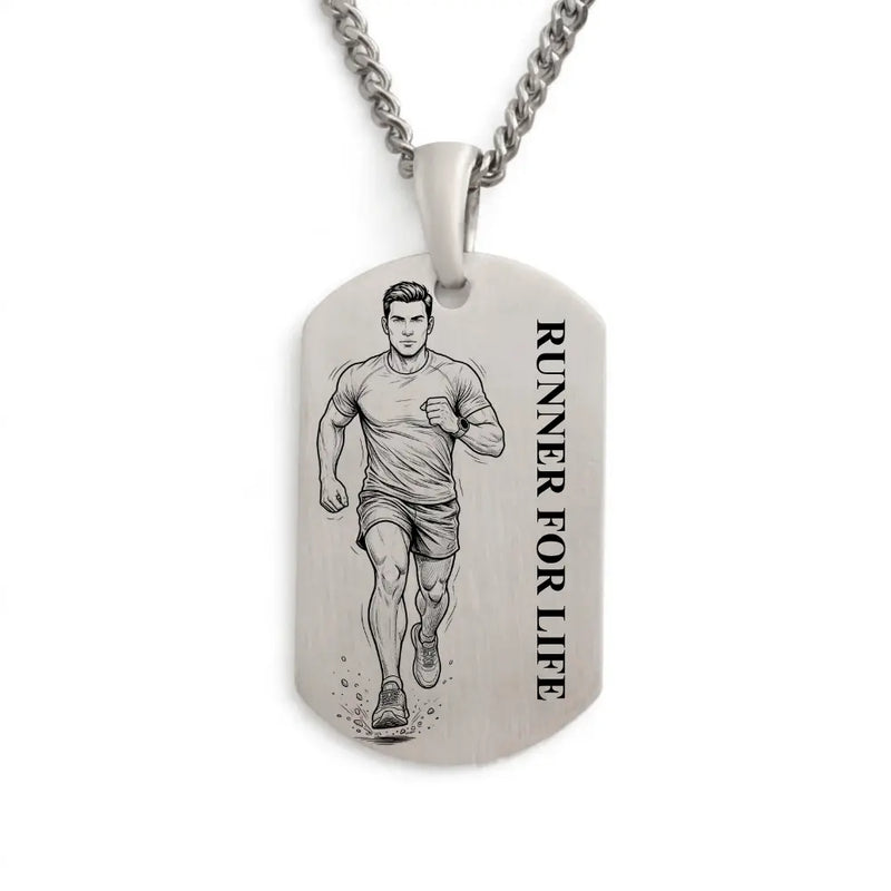 Collier running homme, plaque gravée course à pied en atelier français.
