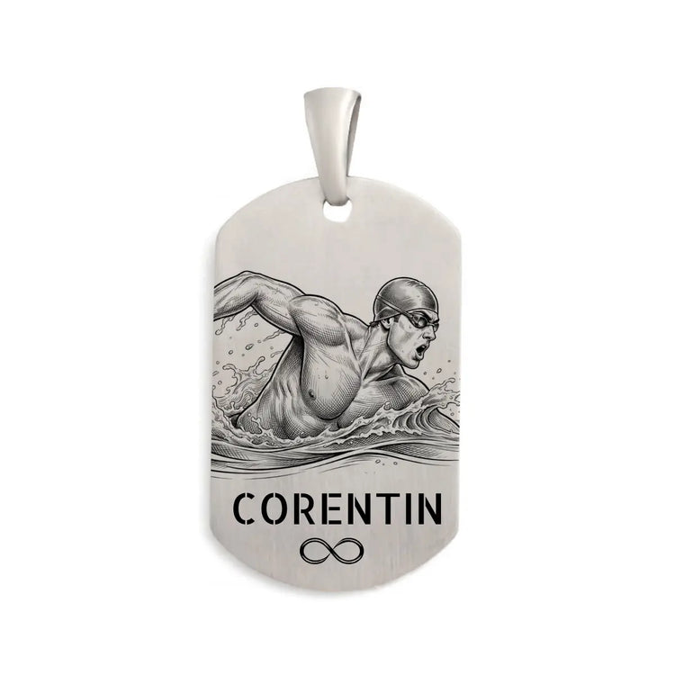 Pendentif Homme Argent Massif, nageur personnalisé sur une plaque style GI de belle dimension.