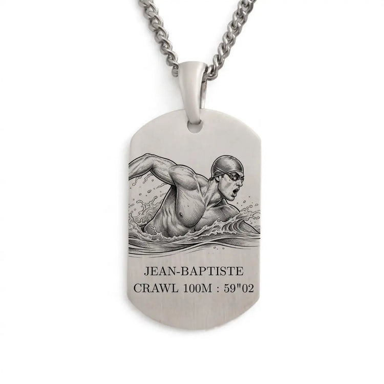 Pendentif plaque nageur en Argent 925 pour Homme, personnalisable face et verso.