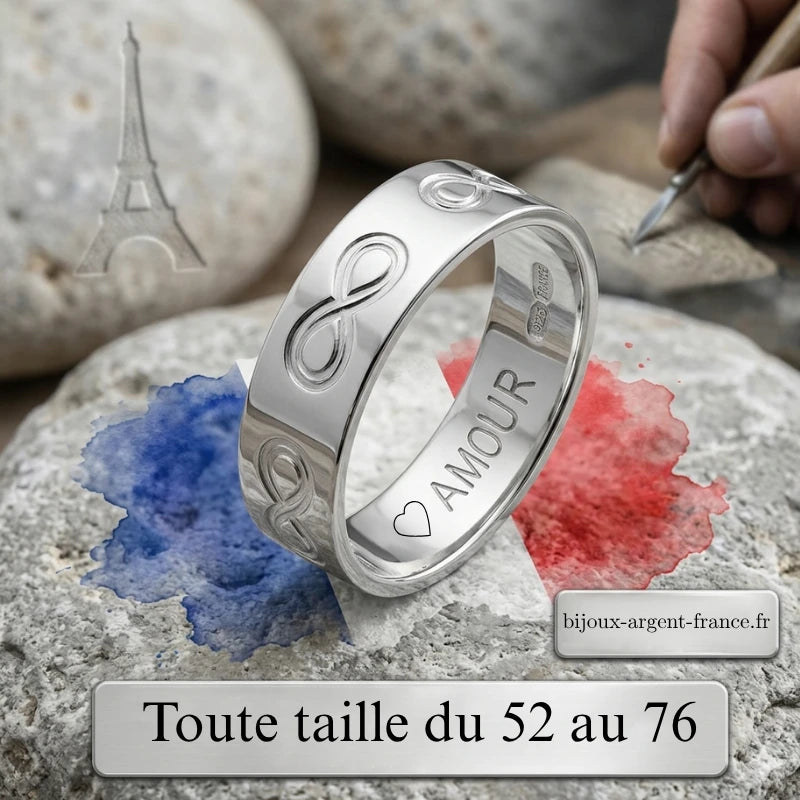 Gros plan stylisé d'une alliance en argent rhodié ornée de symboles de l'infini gravés sur tout le tour de l'anneau.