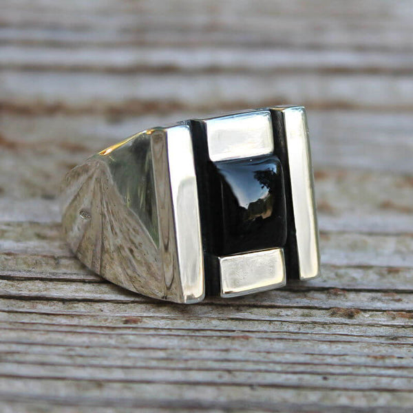 Bague homme onyx en argent massif, pièce unique de Créateur Français.