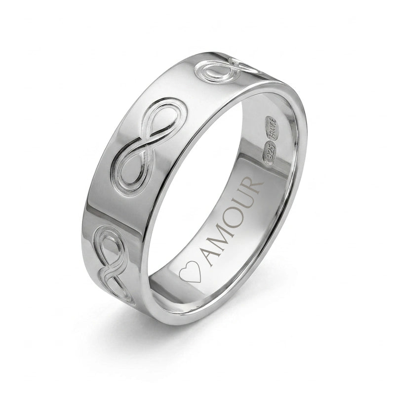 Bague de promesse aux symboles infini gravés dans la masse de l'Argent rhodié. Toutes tailles du 52 au 76.
