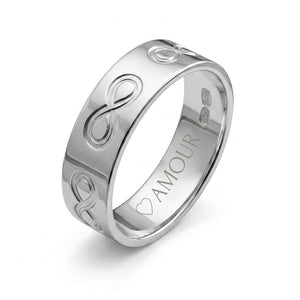 Bague de promesse aux symboles infini gravés dans la masse de l'Argent rhodié. Toutes tailles du 52 au 76.