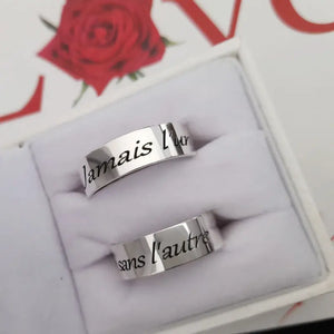 Bague de mariage ou pacs couple en Argent 925 massif, gravée Jamais l'un sans l'autre.