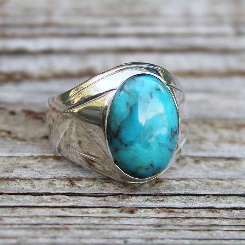 Chevalière Bague Argent Pierre Bleu Turquoise Bague Or Pierre