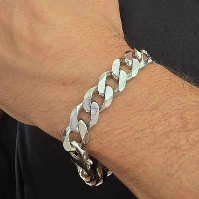 Bracelet gourmette 13 mm plate - 19 à 26 cm Argent massif - option rhodié