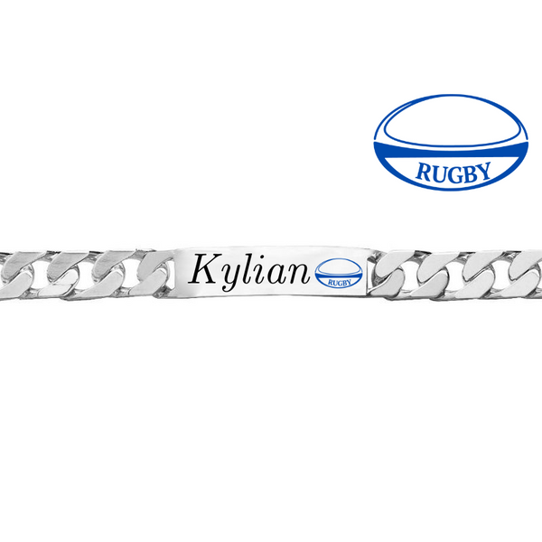 Bracelet ballon de rugby gravé avec prénom en argent, émaillage couleur au choix