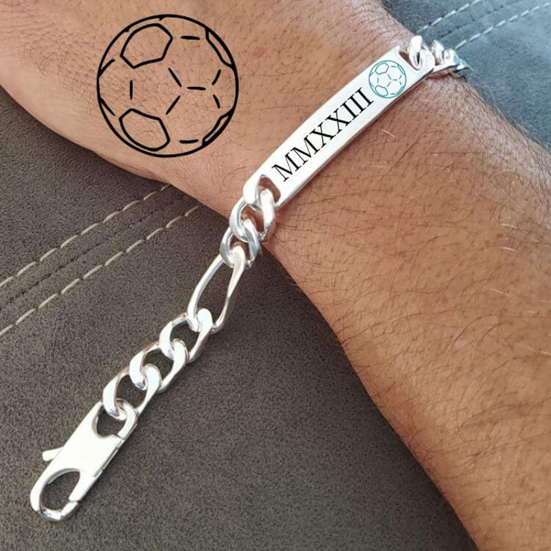 Bracelet football homme argent 925 ou option vieilli, modèle de ballon au choix avec émaillage.
