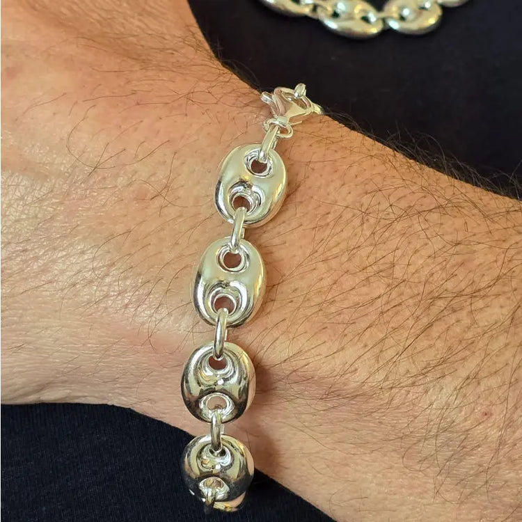 Bracelet grain de café Argent Homme 14 x 18 mm de long chacun, en Argent blanc ou avec l' option rhodié.