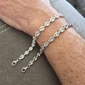 Bracelet homme en Argent blanc ou rhodié, grains de café bombés de 6mm de large x 8mm de long chacun.