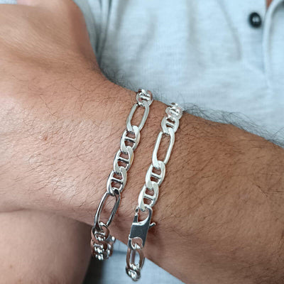 Bracelet Homme Argent massif Marine alternée 7 mm plate - 19 à 21 cm - option rhodiée