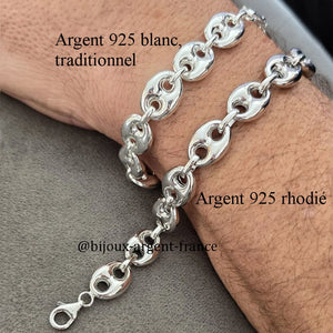 Bracelet homme en argent 925 maille grains de café 11x15 mm, disponible en version rhodiée ou argent blanc traditionnel, disponible jusque 24 cm et toute autre longueur sur demande.