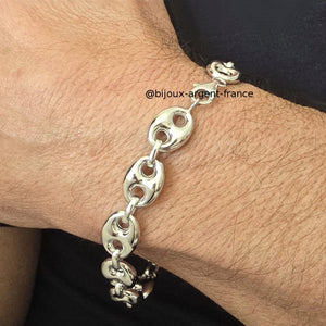 Bracelet homme argent 925 rhodié maille grain de café 11x15mm porté au poignet, bijou masculin de caractère