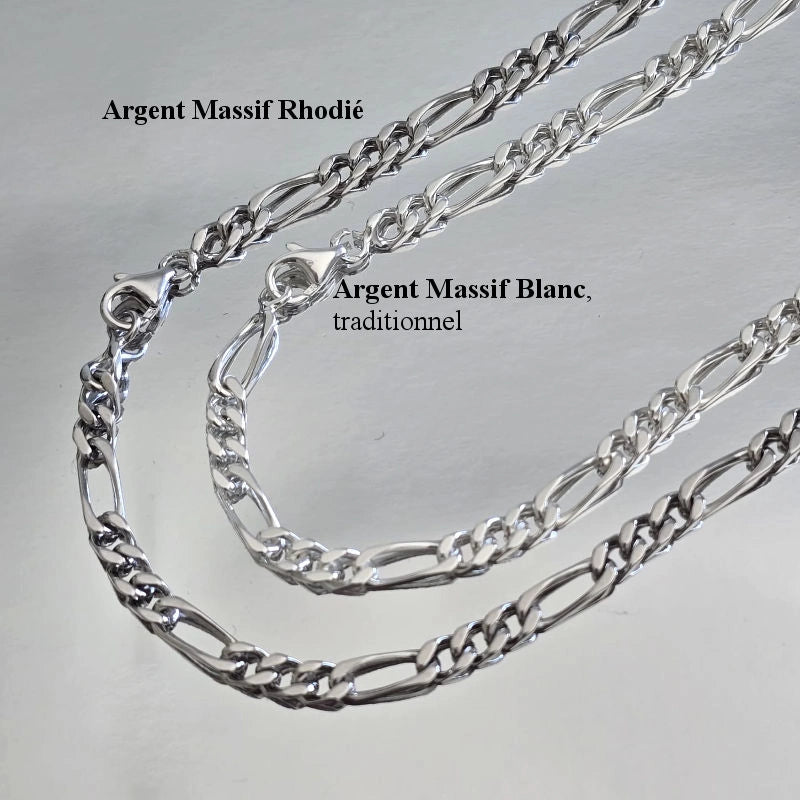 Photo explicative : chaîne maille Figaro 3 mm du haut en argent 925 massif rhodié, chaîne du bas en argent 925 massif blanc traditionnel.