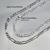 Photo explicative : chaîne maille Figaro 3 mm du haut en argent 925 massif rhodié, chaîne du bas en argent 925 massif blanc traditionnel.