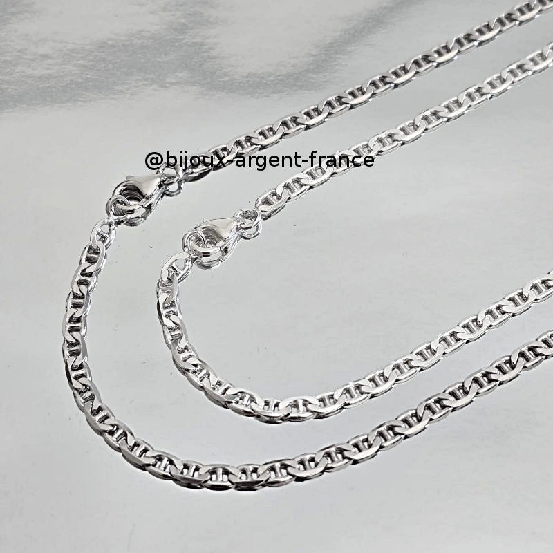 Chaîne argent massif, marine 3 mm option rhodié, disponible en 50 et 55 cm de longueur. Fabrication Française.
