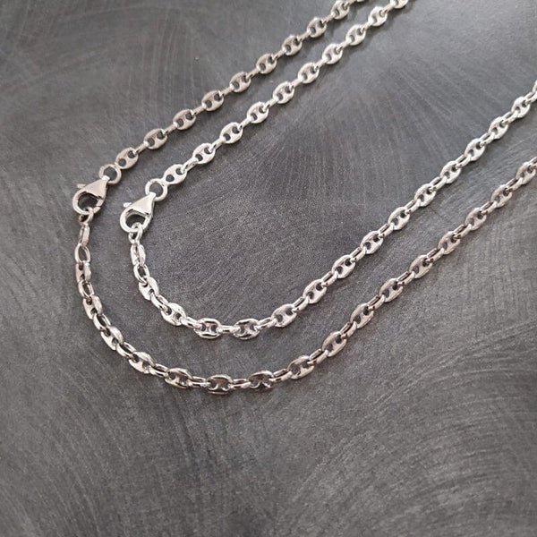 Chaine graine de cafe, grains de 3 mm de large x 3 mm de long chacun, en argent massif 