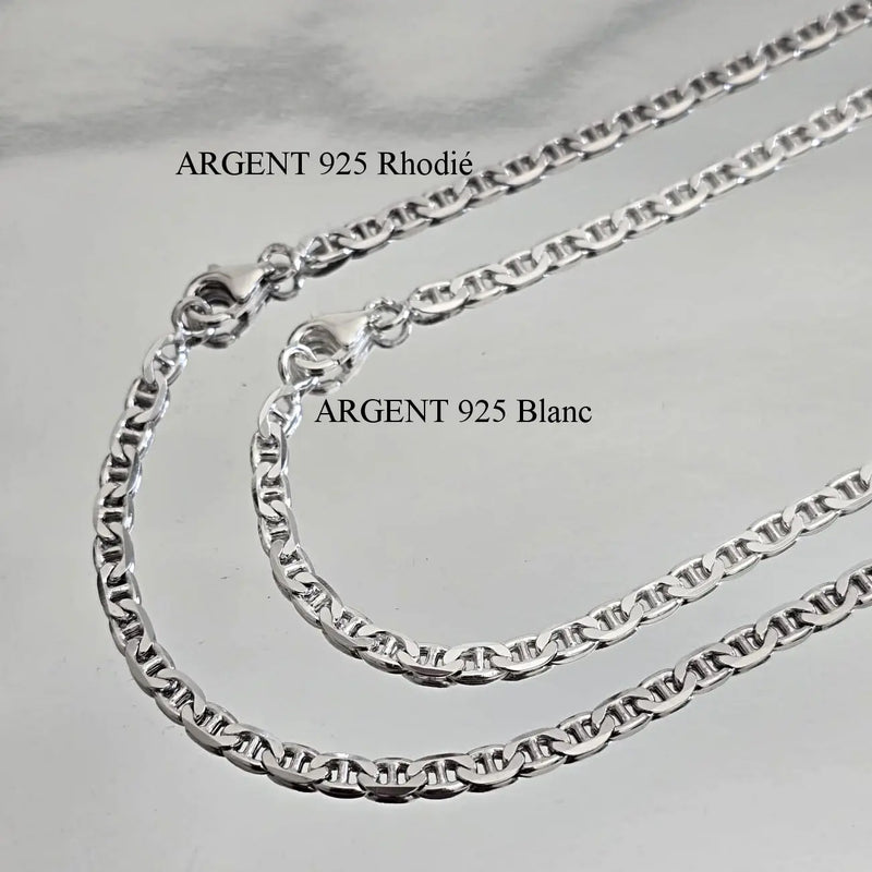 Chaîne homme en Argent massif, maille marine plate de 3 mm de large, comparaison finition argent blanc et argent rhodié.
