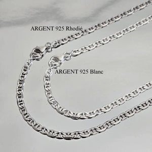 Chaîne homme en Argent massif, maille marine plate de 3 mm de large, comparaison finition argent blanc et argent rhodié.