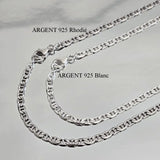 Chaîne homme en Argent massif, maille marine plate de 3 mm de large, comparaison finition argent blanc et argent rhodié.