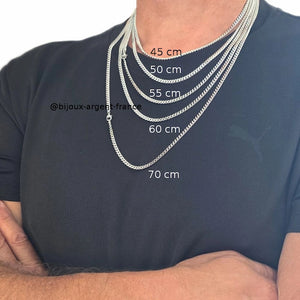 Chaîne homme argent rhodié, maille gourmette 4 mm, disponible de 45 à 70 cm. 