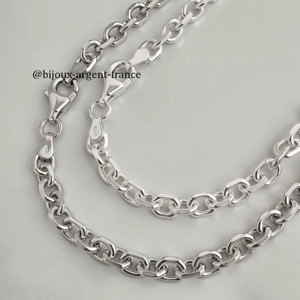 Chaîne maille forçat 5.2 mm en argent massif, finition brillante, bijou pour homme élégant et robuste, disponible avec option rhodiée.