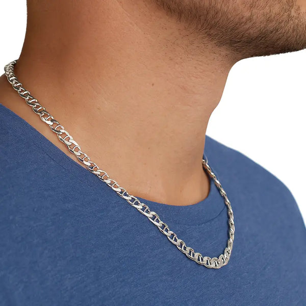 Chaîne maille marine plate 6 mm pour homme en argent massif blanc ou avec l'option rhodié, longueur au choix de 45 à 60 cm, bijou élégant et robuste.