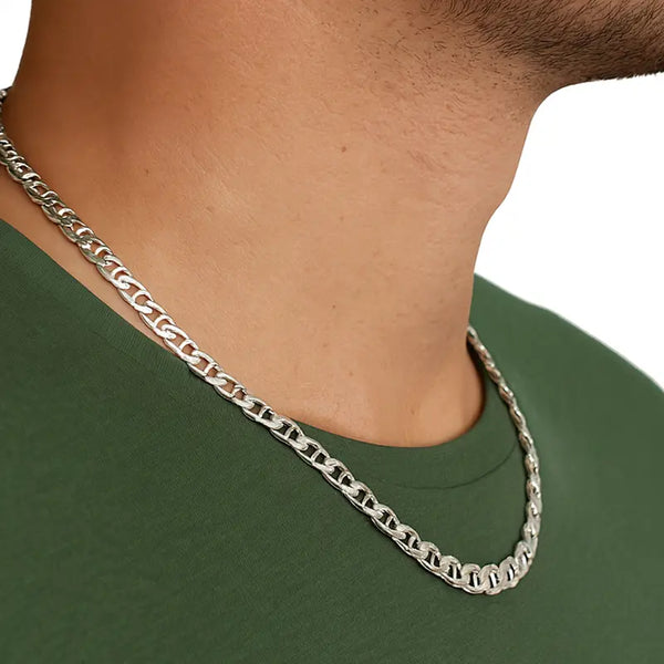 Chaîne maille marine plate 7 mm pour homme en argent massif blanc ou finition rhodiée, disponible de 45 à 80 cm, style masculin et raffiné