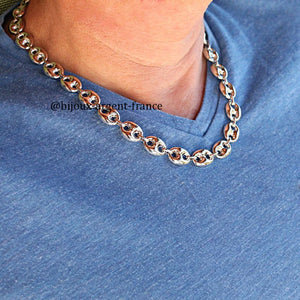Collier argent homme grains de café 14 x 18 mm, disponible jusque 80 cm de longueur.