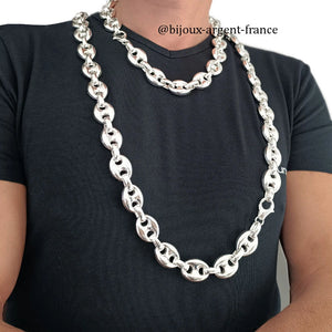 Collier homme argent rhodié, grains de café 21x27 mm, grosse maille disponible de 50 à 80 cm et réalisable dans toute autre longueur sur devis.