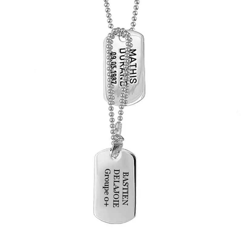 Collier plaque militaire personnalisée en argent massif avec gravure prénom, date et groupe sanguin