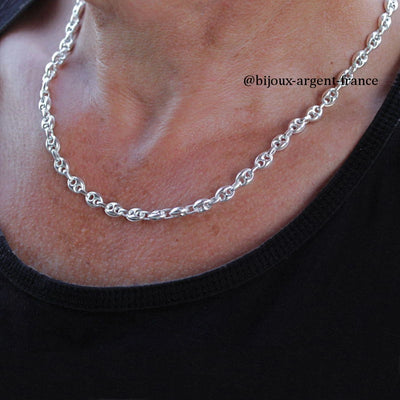 Collier Argent Homme 45 à 60cm - Grain de Café 6x8mm - option rhodié