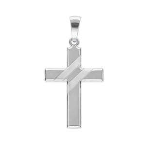 Pendentif religieux en forme de croix pour homme en argent massif rhodié avec diagonales brossées, personnalisable au verso.