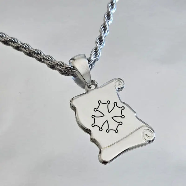 Croix Occitane, pendentif parchemin en Argent massif pour homme, porté sur une chaîne maille corde de 3mm