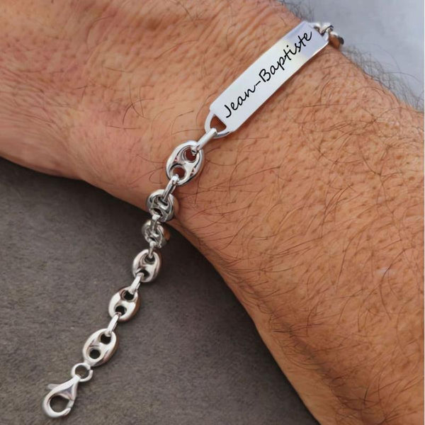 Gourmette graine de café Argent Homme rhodiée, gravure de qualité pour ce bracelet fabriqué en France.