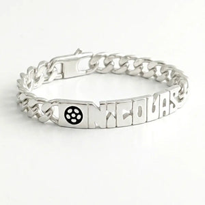 Gourmette Homme football argent massif personnalisable d'un prénom découpé.