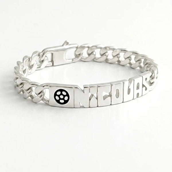 Gourmette Homme football argent massif personnalisable d'un prénom découpé.