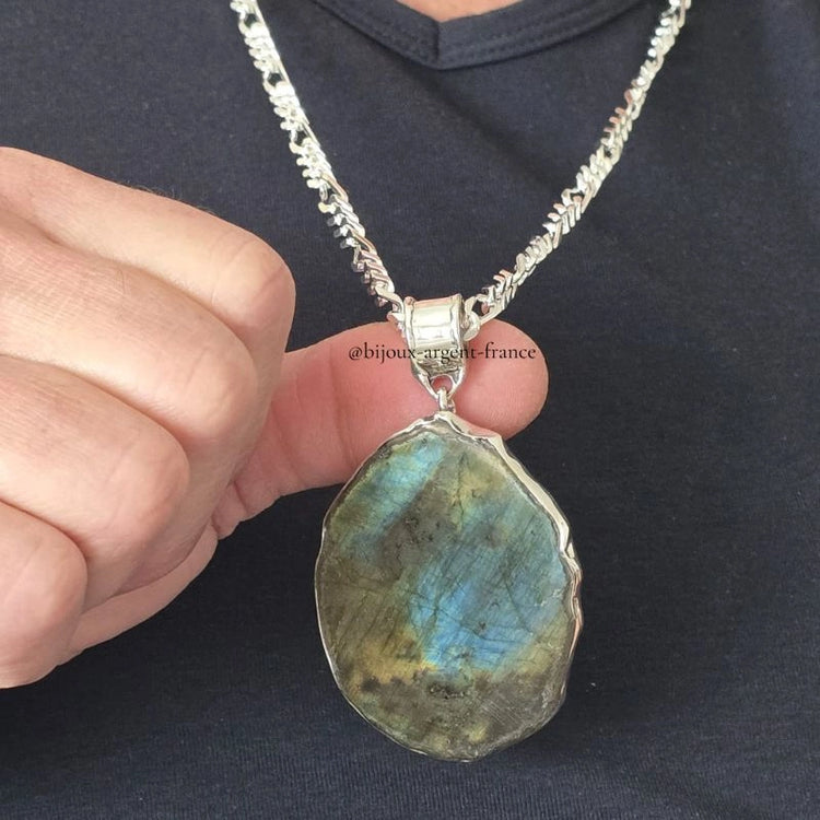 Grand pendentif homme en labradorite naturelle monté sur argent massif 925, pièce unique de Créateur Français