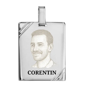 Gravure photo sur Pendentif en argent pour homme (argent massif), grand modèle personnalisable de portrait(s), gravure ou symbole.