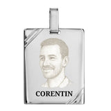 Gravure photo sur Pendentif en argent pour homme (argent massif), grand modèle personnalisable de portrait(s), gravure ou symbole.