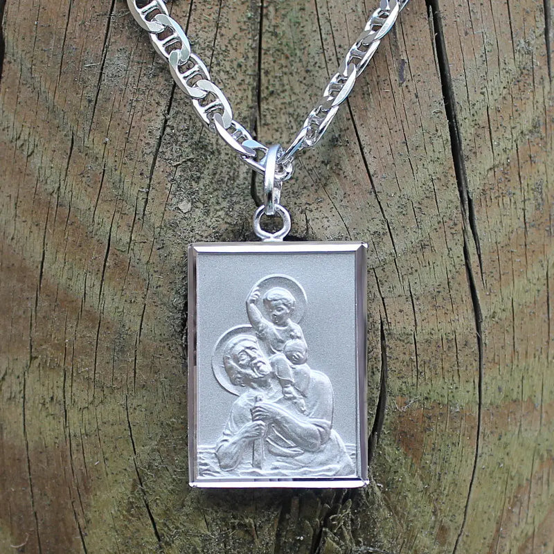 Médaille homme en argent massif rhodié, Saint Christophe personnalisable au verso.
