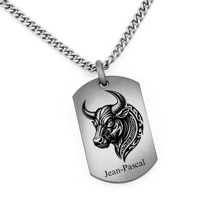 Collier homme en argent avec pendentif plaque taureau tribal personnalisé au prénom Jean-Pascal sur chaîne gourmette.